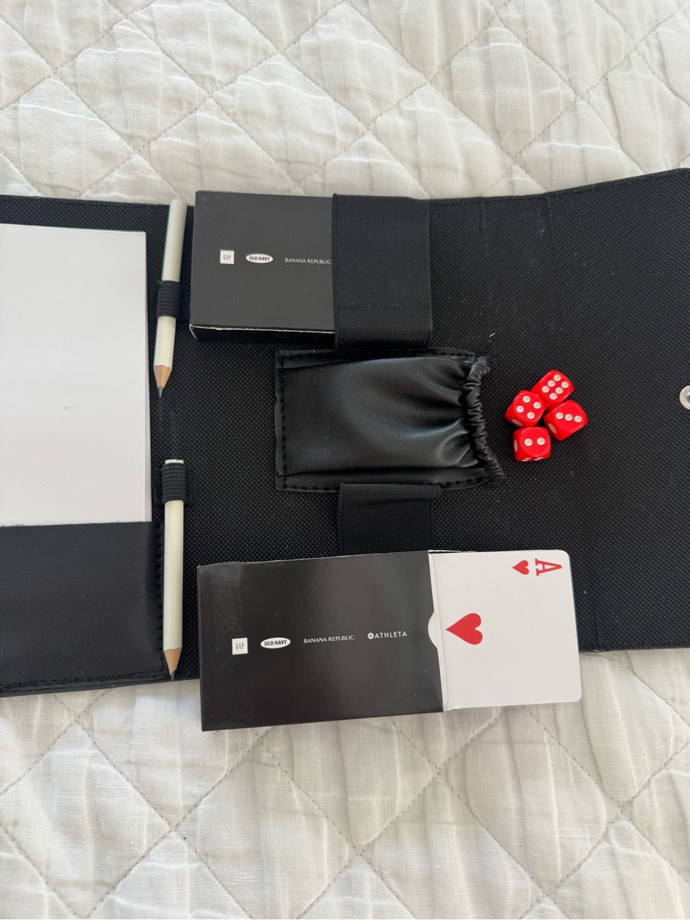 Black Travel Card Game Folio with Notepad, Pencil Cards Dice- Banana Republic